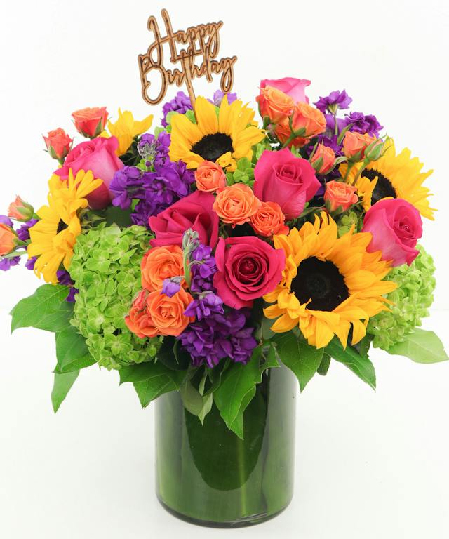 Bright as Day from Allen’s Flowers, with sunflowers, colorful roses, and a Happy Birthday accent.